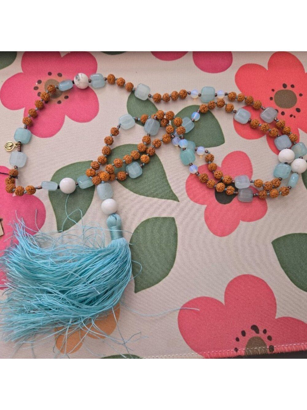 Mermaid Mala Necklace Aquamarine Rudraksha Tassel Meditation Yoga Beads